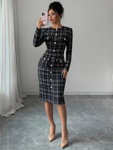 Elenzga Váy dệt kim cổ tròn ôm sát eo đa năng thời trang thu đông dành cho nữ - màu đen - Xem 6