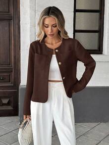 Pariaura 优雅法式风格编织圆领长袖修身绿色女式外套，夏季新品 - 棕色 - 查看 4