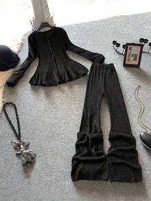 Franclia Women's Elegant Minimalist V-Neck Long Sleeve Ruffle Hem Fitted T-Shirt And High Waist Casual Flare Leg Knit Pants 2 Piece Set, Slimming - Black - View 1