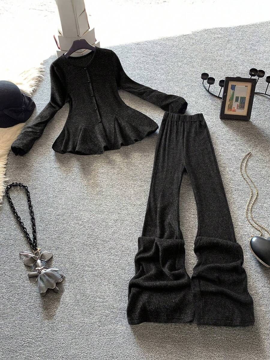 Franclia Women's Elegant Minimalist V-Neck Long Sleeve Ruffle Hem Fitted T-Shirt And High Waist Casual Flare Leg Knit Pants 2 Piece Set, Slimming - Black - View 1