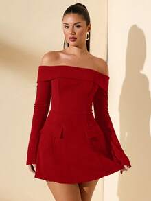 SHEIN BAE 女士秋季露肩长袖装饰鸡尾酒连衣裙，适合派对、约会之夜 - 紅色 - 查看 4