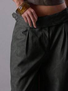 MUSERA 低腰直筒双腰带褶裥修身西装裤，优雅晚装性感可爱酷女孩街头风派对夏季休闲装 - 黑色 - 查看 5