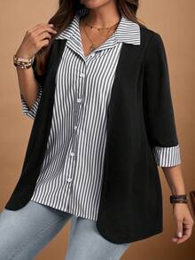 EMERY ROSE Damen Große Größen gestreiftes Lässig Hemd mit 3/4 Ärmeln - Schwarz - Übersicht 3