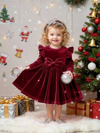 Elegant sammetsgrön långärmad klänning, julfestklänning, julklapp