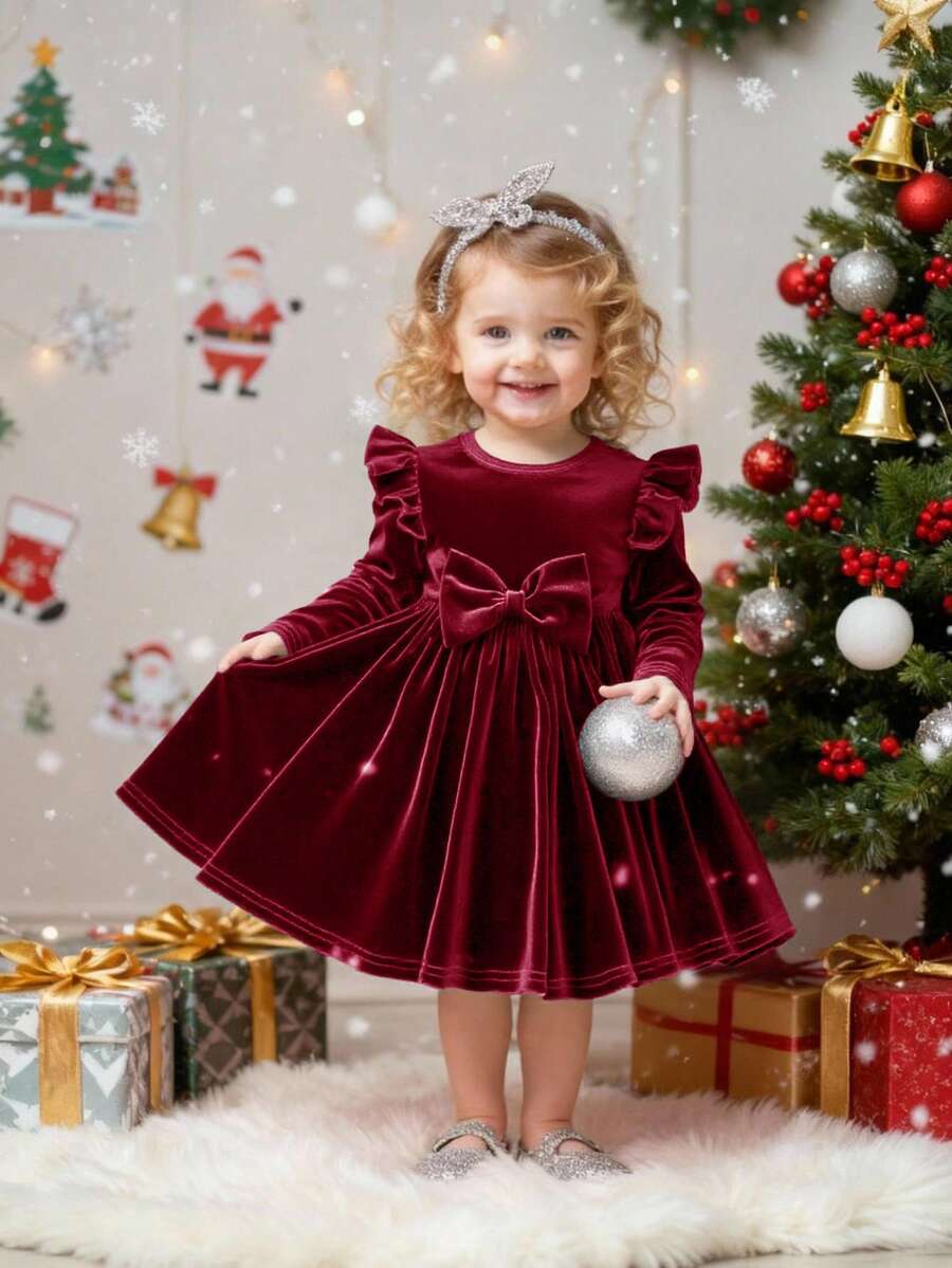 优雅丝绒绿色长袖连衣裙，圣诞派对礼服，圣诞礼物 - 酒紅色 - 查看 1