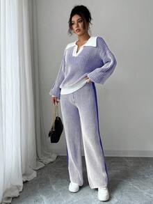 Selianne 2 件女式 Polo 领拼布撞色套头衫上衣 + 裤子套装，秋冬 - 藍色 - 查看 3