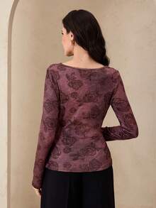 Graceveil Chemise élégante à manches longues pour femmes, col à volants, taille froncée, imprimé rose bordeaux, pour sorties et rendez-vous, automne/hiver - Rouge foncé - Voir 2