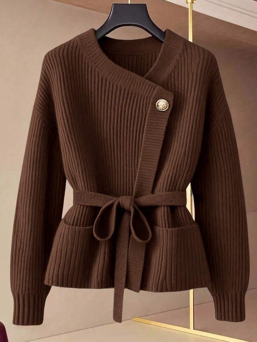 GlowEve New V-Neck Cardigan For Women, European And American Style Color Blocking Elegant Minimalist Fashion Knit Top