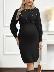 Cheriluna Maternity Pearl Decor 休闲舒适长袖孕妇毛衣连衣裙 - 黑色 - 查看 6