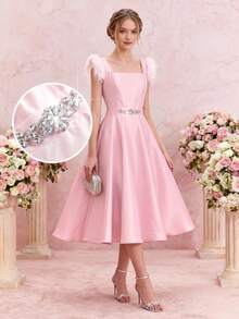 Pitira Teenage Girl Square Neck Furry Waist Rhinestone Decor Elegant Party Dress - Pink - View 1