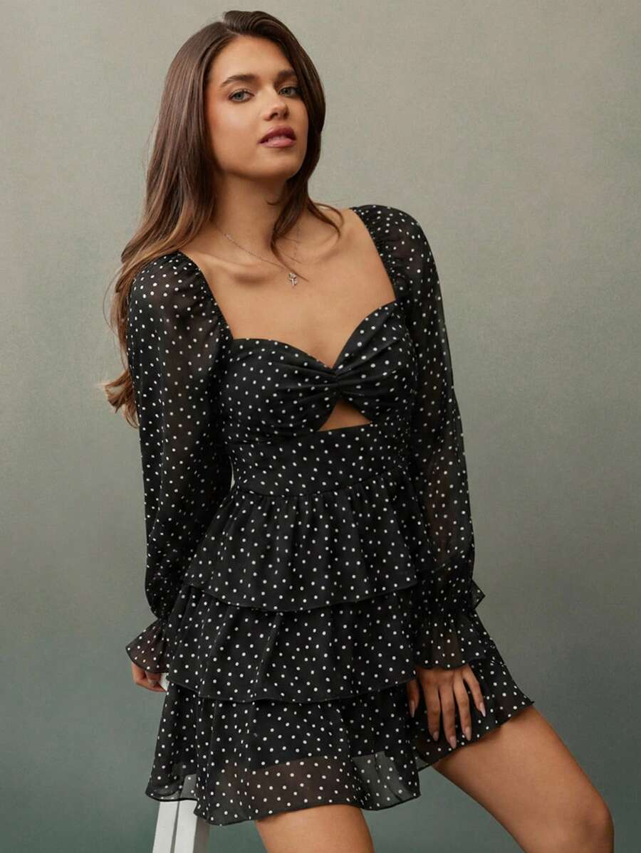 WESTFADE Vestido mini con cuello de corazón, estampado floral texturizado, abertura delantera con corte, mangas abullonadas largas, lazo en la espalda y volantes escalonados, vestido casual y lindo para otoño, invierno, conciertos en el campo - Negro - Ver 1