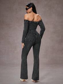 Jeanoix Y2K露肩松紧腰水洗牛仔喇叭连体裤 - 黑色 - 查看 7