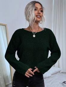 SHEIN LUNE Women Casual Solid Color Dropped Shoulder Loose Ribbed Knit Pullover Sweater Gray Sweatergrey Jumper - Dark Green - View 5
