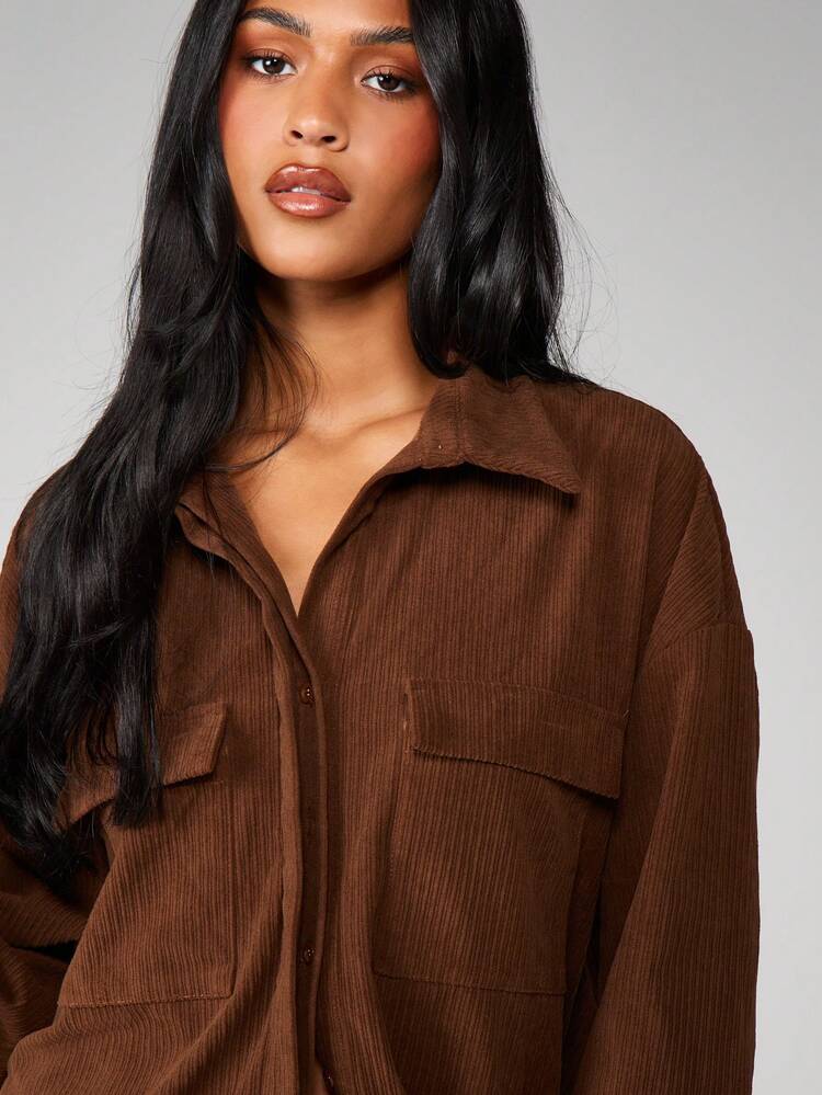 MISSGUIDED Oversized Corduroy Button Front Shirt Long Sleeve Collared Blouse Fall Winter Casual