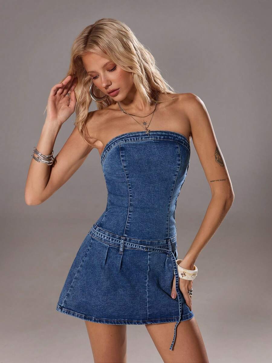 TRNVIE Abito di jeans mini fasciante e sexy alla moda per donna, abiti di jeans estivi, abito di jeans senza spalline in denim mini - Blu lavato medio - Visualizzare 1