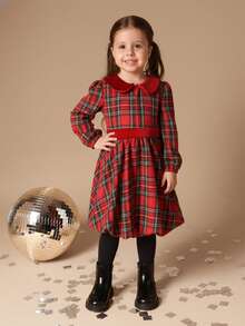 SUMWON Vestido de Navidad de manga larga con cuello Peter Pan y estampado de tartán a cuadros para niñas con bajo de globo - Rojo - Ver 1