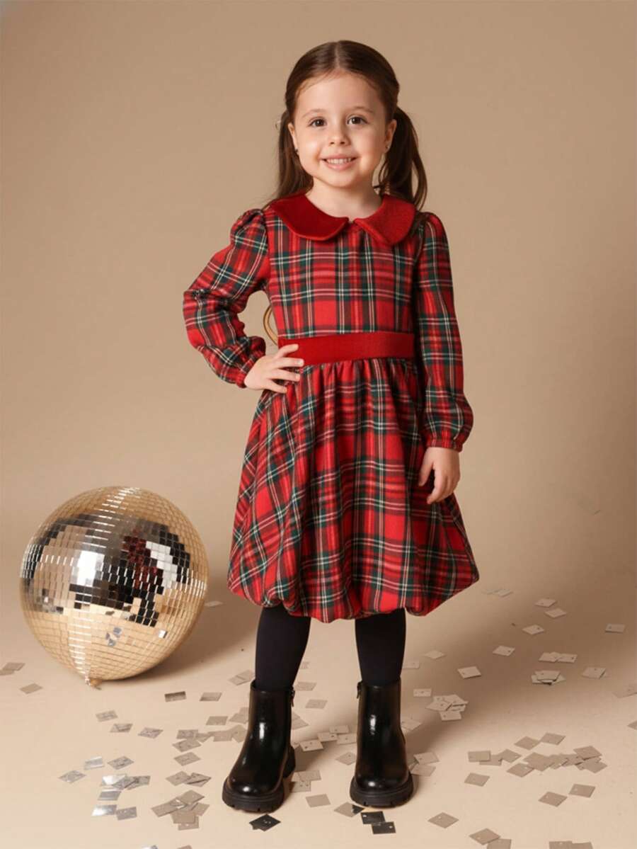 SUMWON Vestido de Navidad de manga larga con cuello Peter Pan y estampado de tartán a cuadros para niñas con bajo de globo - Rojo - Ver 1