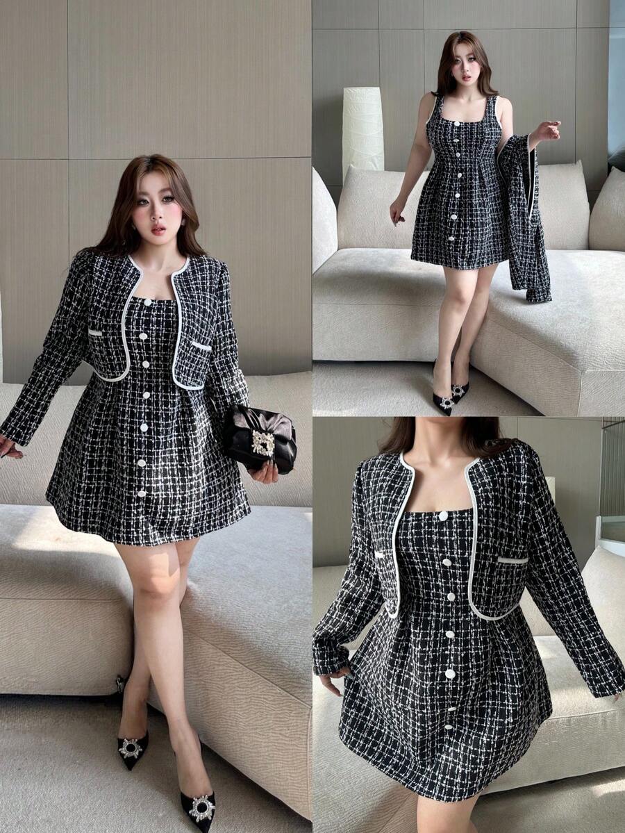Vibekara 大码女式粗花呢格子长袖外套和无袖连衣裙套装，通勤休闲舒适优雅装扮