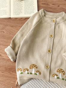 Baby Girl Mushroom Pattern Raglan Sleeve Single-Breasted Casual Knit Cardigan, Cozy Fall & Winter Styles, Sweaters, Christmas Sweater, Baby Girl Clothes - Apricot - View 4