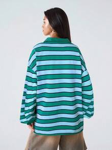 LYSMO Áo thun polo tay dài cổ bẻ kẻ sọc vai trễ dành cho nữ - Màu xanh lam - Xem 2