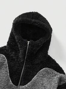 ROMWE MEN Street Life Men's Patchwork Contrast Color Hoodie Long Sleeve Jacket, Loose Fit - Black - View 1