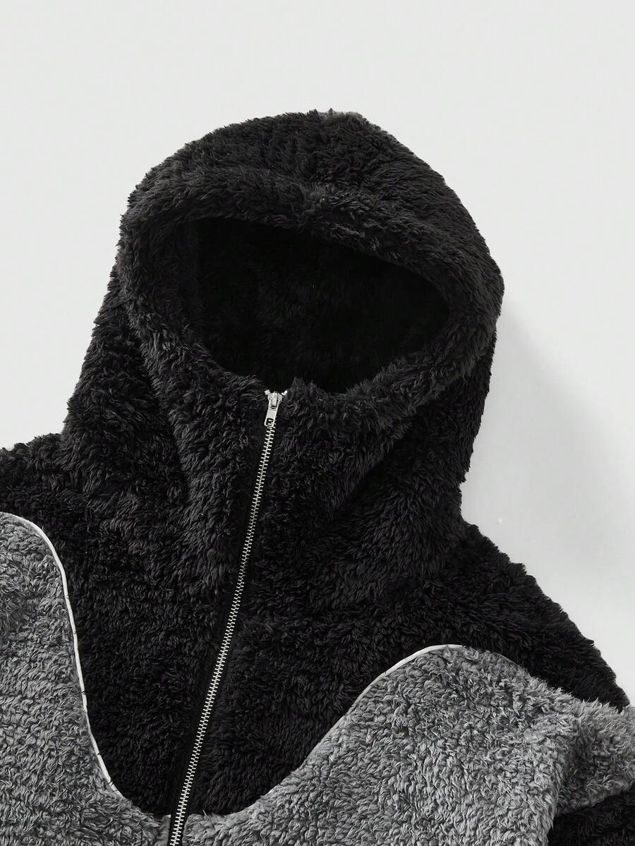 ROMWE MEN Street Life Men's Patchwork Contrast Color Hoodie Long Sleeve Jacket, Loose Fit - Black - View 1