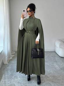 Elenzga Stand Collar Cape, Long Flowing Elegant French Sophisticated Pleated Flared Hem Oversized English Style Commuter Slimming Outerwear, Suitable For Formal Occasions