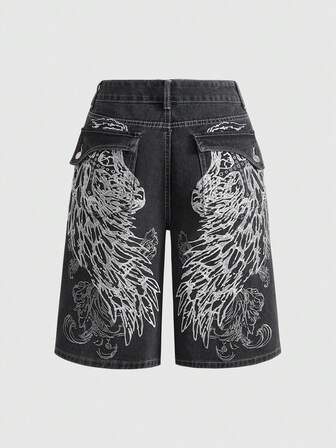 Grunge Punk Short femme style de rue rétro punk, broderie de croix et de vigne ailée, longueur genou