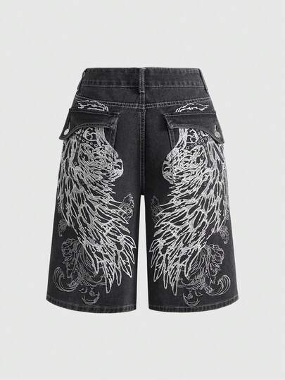 ROMWE Grunge Punk Women's Retro Punk Street Style Cross Vine Wing Embroidered Cross Knee-Length Shorts