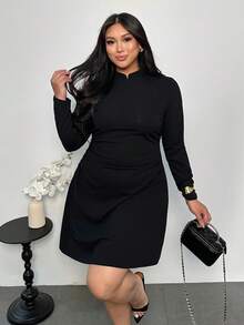 Firerie 大码优雅休闲度假时尚新款百搭简约立领褶皱弹力A字通勤办公职业女士长袖连衣裙，秋冬款 - 黑色 - 查看 6