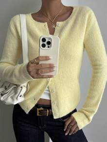 DAZY 女士圆领度假风长袖休闲针织开衫 Y2k - 黃色 - 查看 6