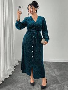 Modelyn Plus Size Women V-Neck Lantern Sleeve Velvet Embossed Elegant Party Dress - Blue - View 4