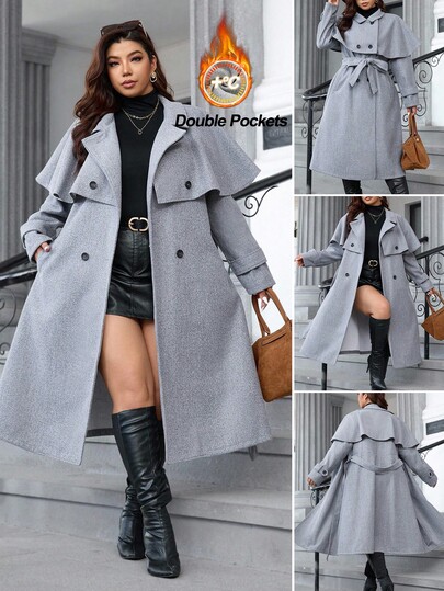 SHEIN Clasi 适合丰满身材的女士时尚优雅休闲灰色斗篷领双排扣长款外套，配有双口袋，品质上乘，适合各种场合；适合丰满身材的女士休闲优雅黑色纯色长袖打结腰身外套，内有高品质口袋，防寒保暖，舒适透气，适合秋季穿着，带内衬和口袋，2025新款