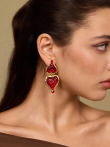 Glisma 女士吊坠耳环，服饰，哥特风/哥特式，复古，串珠，西部风珠宝，金属质感/纹理，宝石，秋冬款，适合妈妈/女士/女孩/母亲，高级，复古，心形 - 紅色 - 查看 2