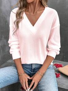 SHEIN LUNE 女式纯色V领落肩长袖休闲宽松T恤 - 粉色 - 查看 6