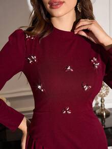 Modelyn Women's Elegant Pearl Embellished Long Sleeve Dress - Burgundy - View 7
