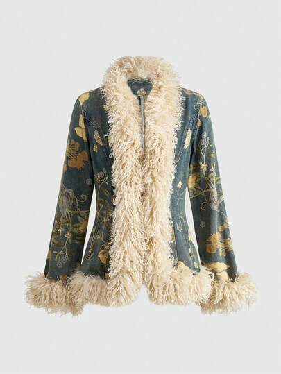 ROMWE Hippie Chaqueta vaquera ajustada de mujer con estampado floral y de plantas retro Y2K y parches de piel sintética