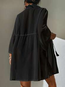 Breezaya Solid Color Drawstring Waist Kimono Cover-Up For Beach/Vacation - Black - View 2