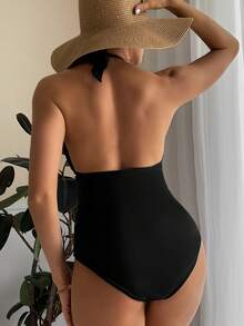 SHEIN Swim Summer Beach Ruched Halter One Piece Swimsuit - Black - View 2