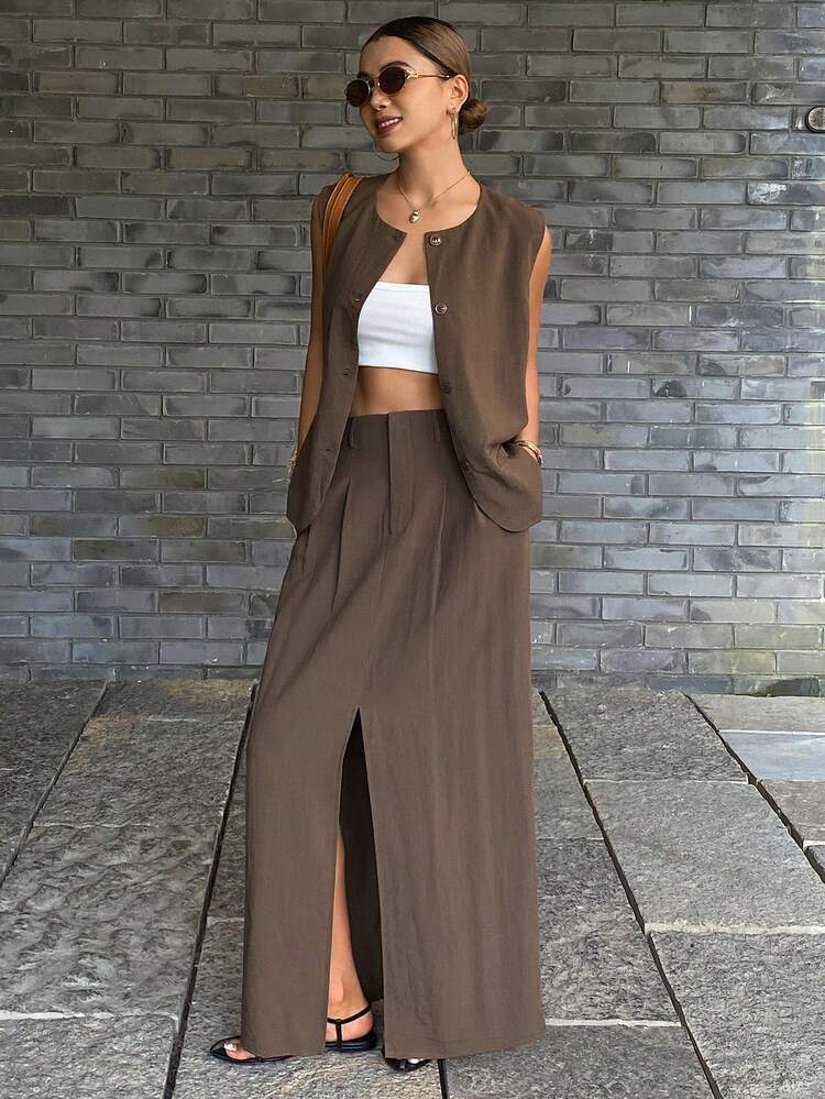Women's Summer Sleeveless Open Front Vest Jacket And Straight Leg Pants 2 Pieces Casual Set
