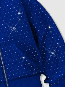 ROMWE MEN Street Life Rhinestone Embellished Hooded Sweatshirt With Pockets, Zipper Front Sweatshirt Hoodie For Men - Blue - View 3