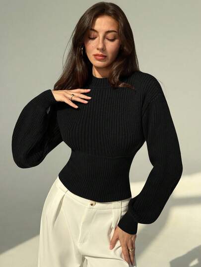 Aloruh Women's Vintage High Neck Pullover Sweater, Cinched Waist, Batwing Long Sleeve, Thick, Age-Reducing Knit Sweater For Autumn/Winter,Fall,Fall Clothes For Women,Women's Winter Clothes
