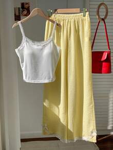 Comfortcana Women's Casual Yellow Lace Trim Camisole And Striped Pants 2-Piece Set, Back To School Season Butter Yellow Two Piece Set - Yellow - View 3