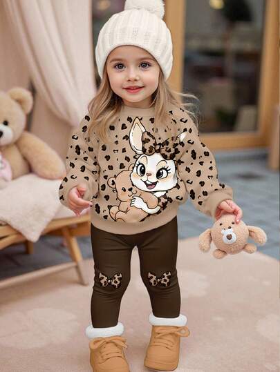 SHEIN 2 st/set söt kanin- och leopardmönster topp och leggings set, babyflickas casual mjuk tjock rund halsringning långärmad tröja och smala byxor, lämplig för höst/vinter vardagskläder, jul, nyår, gatustil, heminredning