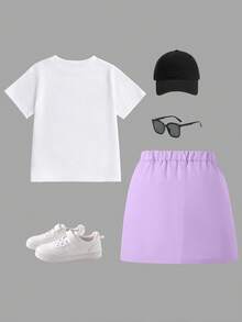 SHEIN ChillGRL 两件套休闲时尚女童春秋冬短袖连衣裙套装，酷炫卡通人物扎染印花设计，包含一件短袖圆领T恤和一条紫色工装裙，舒适的短袖圆领T恤搭配打底裤，适合春夏休闲、时尚街头风、户外野餐、上学、聚会等场合，也是馈赠佳品。 - 彩色 - 查看 2