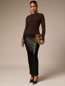 Silquee Women's Solid Color Round Neck Long Sleeve Ruched Fitted Fashion T-Shirt,Fall,Fall Clothes For Women - Chocolate Brown - View 6