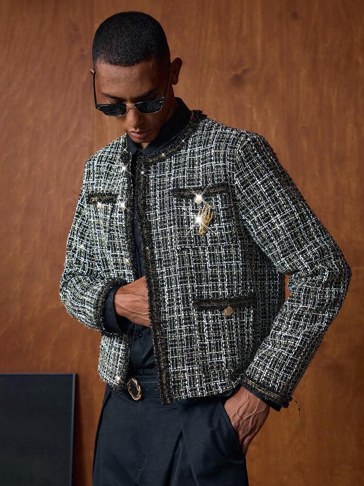 Men's Plaid Long Sleeve Multi-Pocket Chest Patch Jacket, Autumn/Winter