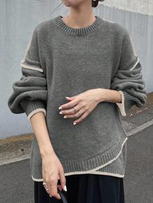 FRIFUL Women's Round Neck Contrast Color Trim Asymmetrical Hem Casual Ribbed Patchwork Thickened Sweater - Grey - View 5