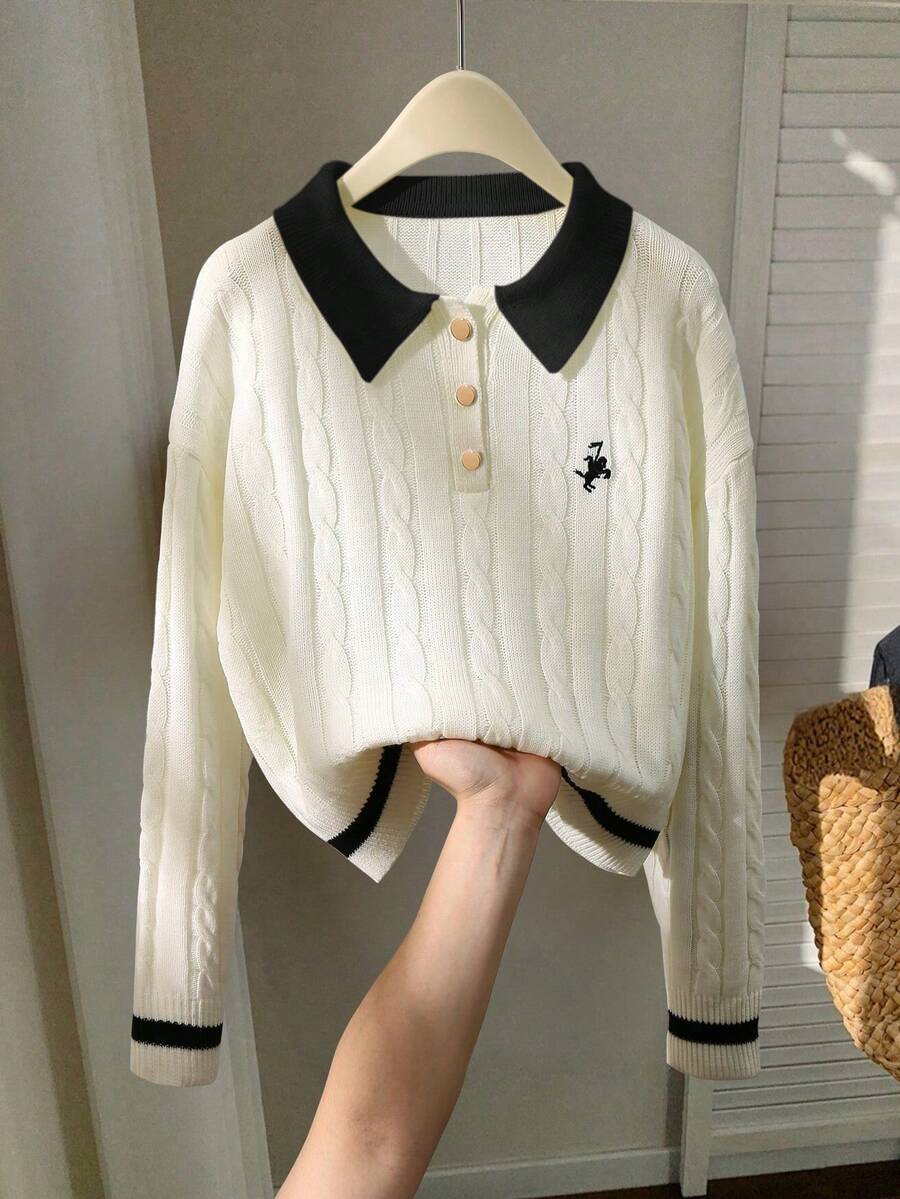 Franclia 撞色边简约长袖马匹刺绣Polo领针织毛衣 - 黑與白 - 查看 1