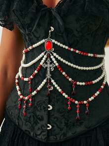 ROMWE 1 chiếc dây chuyền tua rua hình chữ thập đính hạt ngọc trai nhiều lớp phong cách Gothic dành cho nữ - Bạc - Xem 4